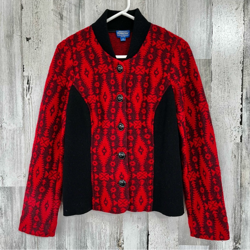 PENDLETON Red Black Wool Blend Southwest Tribal Sweater Jacket M